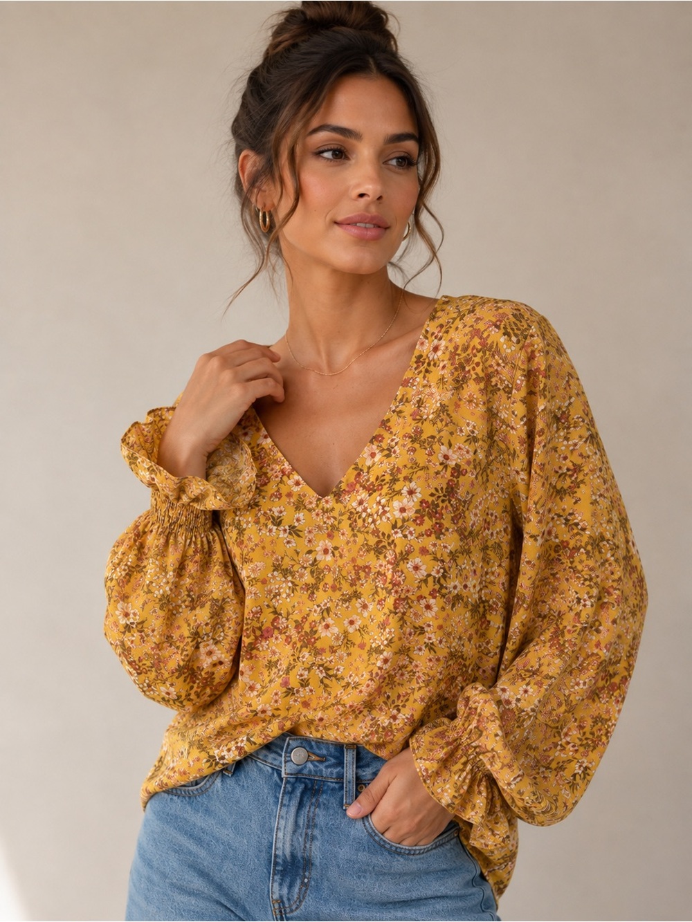 1. State Floral V-Neck Balloon Sleeve Blouse